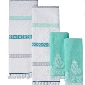 The Pioneer Woman NWT 4 Piece Bath & Hand Towel Set Teal Butterfly